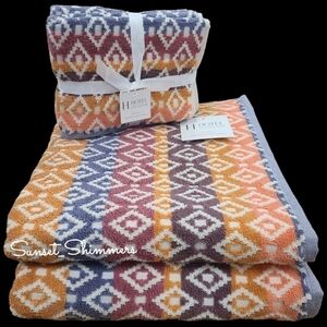 4pc Hotel Collection Multicolor Diamond Tile 2 Bath 2 Hand Towel Set New